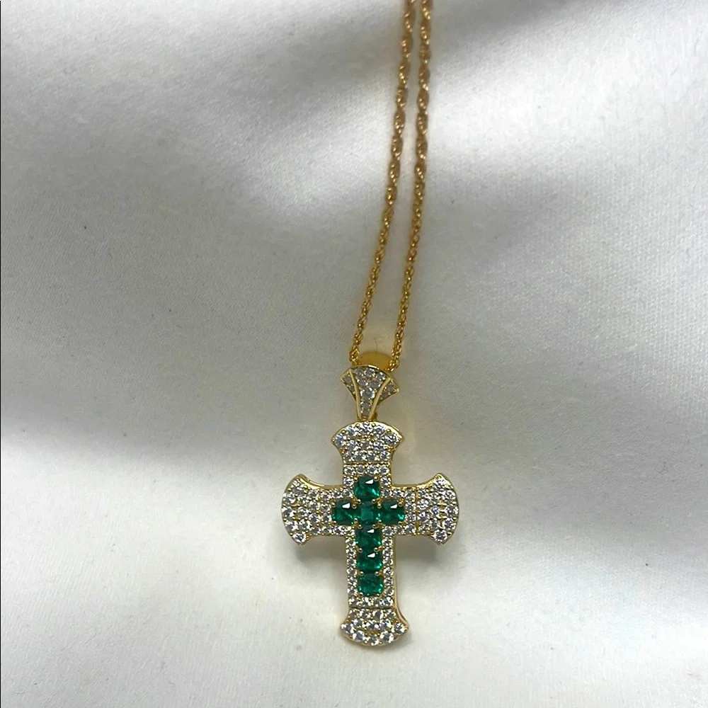 NWOT FWM Moissanite & Created Emerald Cross Necklace 925 Sterling Silver